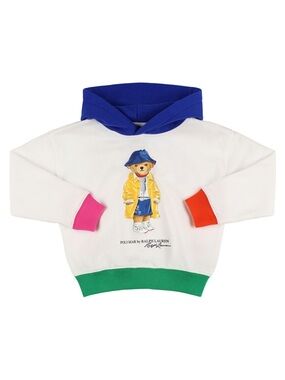 Ralph Lauren Kids White Hoodie with Blue Hood and Multicolor Trim